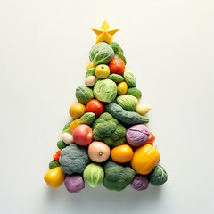 Creative Christmas tree made of vegetables on isolated pastel background, top view. Raw food card. Abstract concept of New Year's nutrition trends. Healthy food. Minimal flat lay.