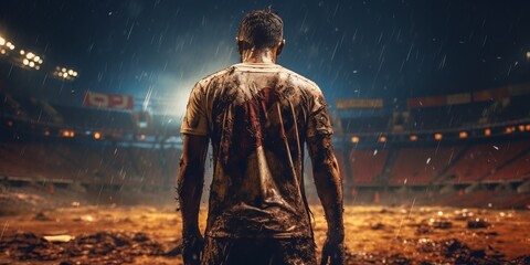 Soccer Player, Seen from the Back, Dominates the Field Stadium Amidst a Stormy Game with Rain and Mud. The Goalkeeper Strikes a Heroic Pose in the Face of Challenging Conditions