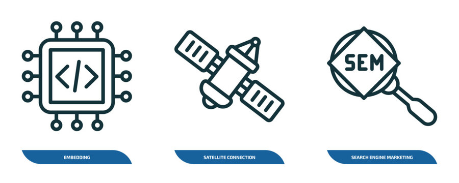 set of 3 linear icons from technology concept. outline icons such as embedding, satellite connection, search engine marketing vector