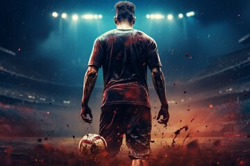 Fototapeta na wymiar Soccer Player, Seen from the Back, Dominates the Field Stadium Amidst a Stormy Game with Rain and Mud. The Goalkeeper Strikes a Heroic Pose in the Face of Challenging Conditions