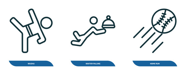 set of 3 linear icons from sports concept. outline icons such as wushu, waiter falling, home run vector