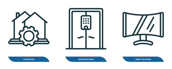 set of 3 linear icons from smart home concept. outline icons such as automation, automated door, smart television vector