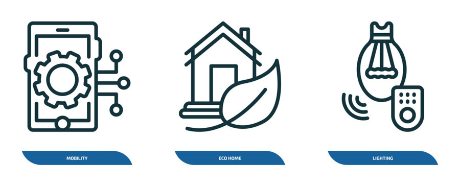 set of 3 linear icons from smart home concept. outline icons such as mobility, eco home, lighting vector