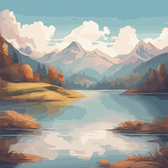 Fototapeta na wymiar background illustration with a serene natural landscape. picturesque scene a tranquil lake, majestic mountain range. Incorporate a clear sky with fluffy clouds ,captivating background for website (2)