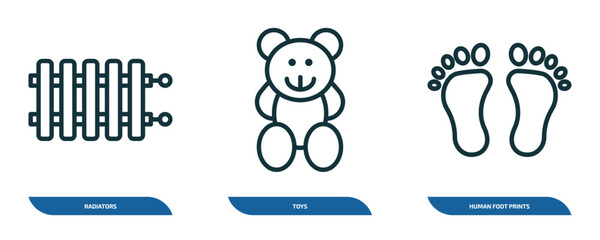 set of 3 linear icons from shapes concept. outline icons such as radiators, toys, human foot prints vector