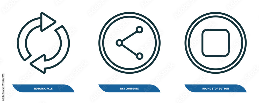 Poster set of 3 linear icons from shapes concept. outline icons such as rotate circle, net contents, round 