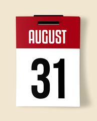 31 August Calendar Date, Realistic calendar sheet hanging on wall