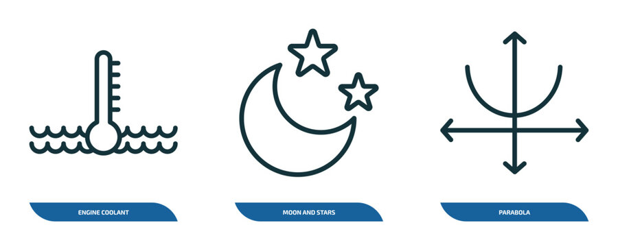 set of 3 linear icons from shapes concept. outline icons such as engine coolant, moon and stars, parabola vector