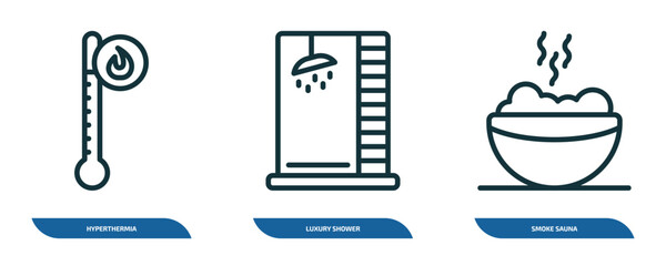 set of 3 linear icons from sauna concept. outline icons such as hyperthermia, luxury shower, smoke sauna vector