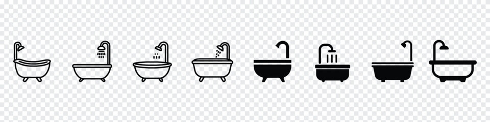 Vector black icon for baths, Bath and shower line outline icon, Bathub and Shower Icon Vector. Illustration Vector graphic of bathub icon. Bathroom Element Symbol