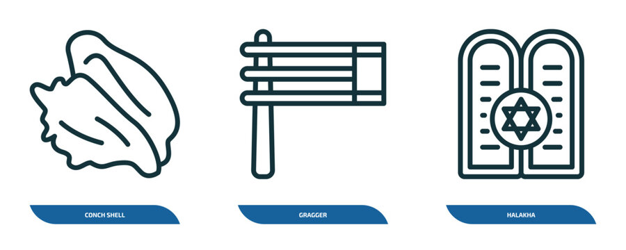set of 3 linear icons from religion concept. outline icons such as conch shell, gragger, halakha vector