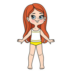Cute cartoon girl with long haircut dressed in underwear and barefoot