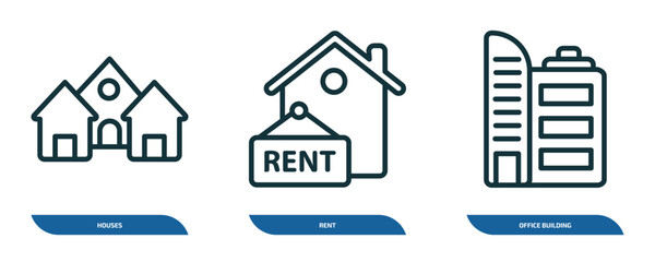 set of 3 linear icons from real estate concept. outline icons such as houses, rent, office building vector