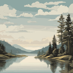 Create a detailed vector scene that immerses viewers in the serenity of a natural landscape. Through careful rendering, depict a calm lake, gentle rolling hills, a serene forest, and a clear sky with - obrazy, fototapety, plakaty