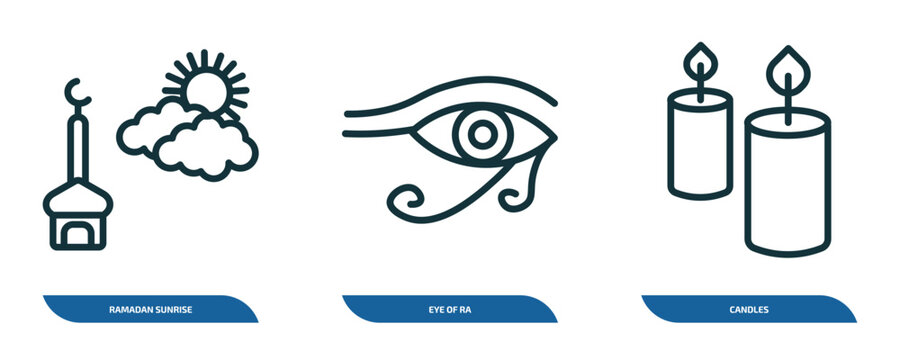 set of 3 linear icons from religion concept. outline icons such as ramadan sunrise, eye of ra, candles vector