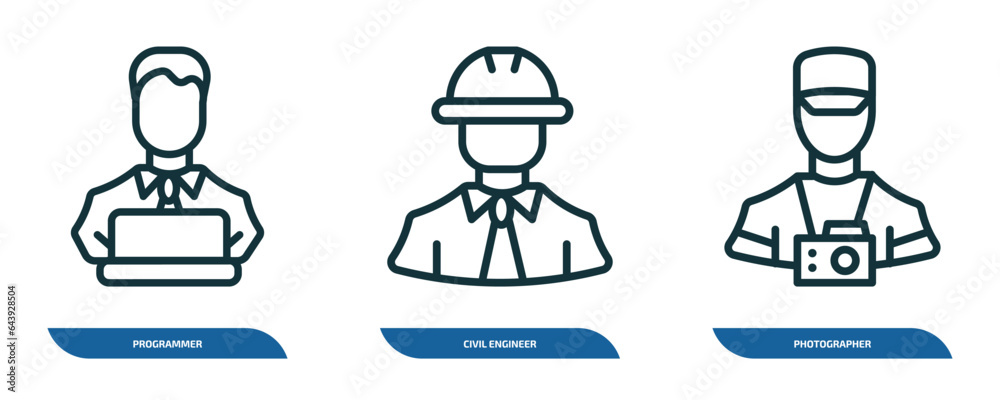 Poster set of 3 linear icons from professions concept. outline icons such as programmer, civil engineer, ph