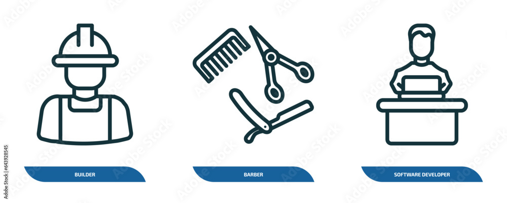 Poster set of 3 linear icons from professions concept. outline icons such as builder, barber, software deve
