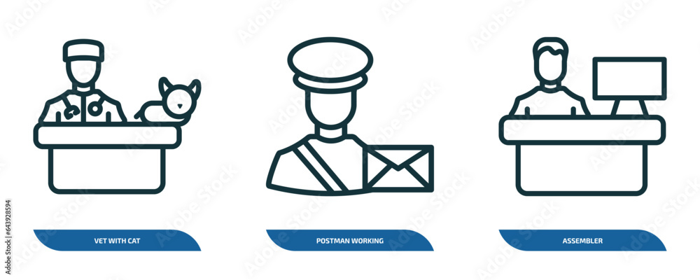 Poster set of 3 linear icons from people concept. outline icons such as vet with cat, postman working, asse