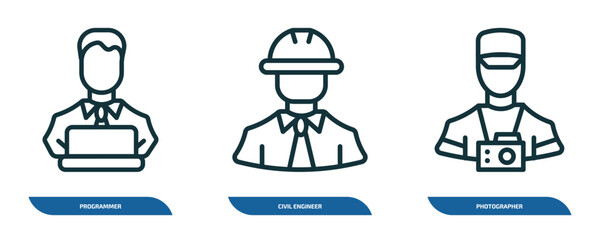 set of 3 linear icons from professions concept. outline icons such as programmer, civil engineer, photographer vector