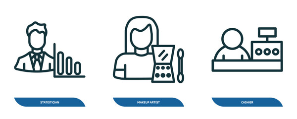 set of 3 linear icons from professions concept. outline icons such as statistician, makeup artist, cashier vector
