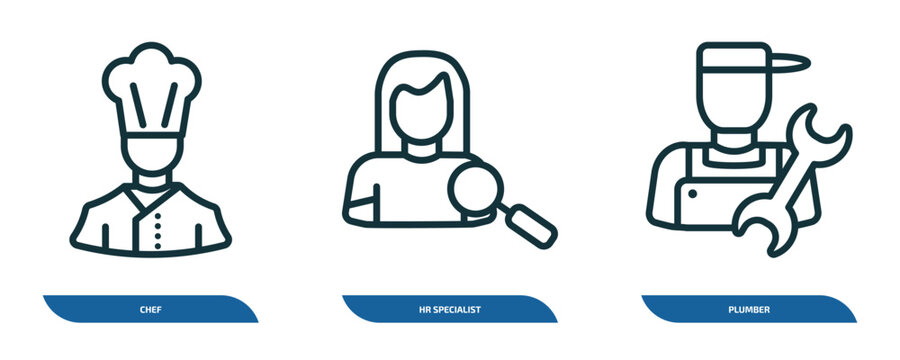 set of 3 linear icons from professions concept. outline icons such as chef, hr specialist, plumber vector