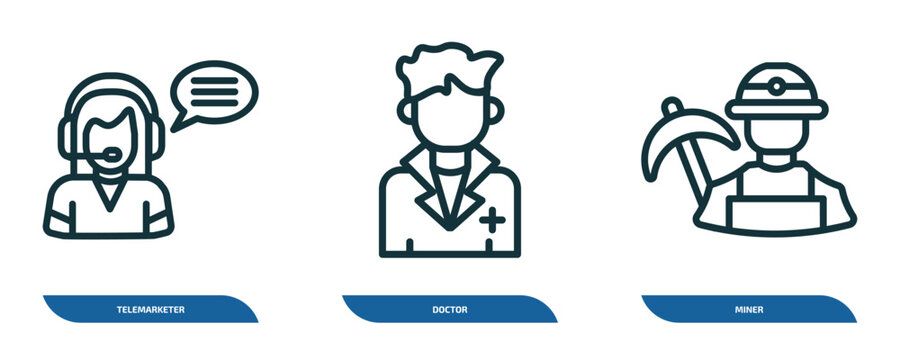 set of 3 linear icons from professions concept. outline icons such as telemarketer, doctor, miner vector