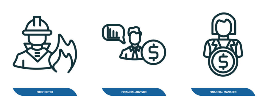 set of 3 linear icons from professions concept. outline icons such as firefighter, financial advisor, financial manager vector