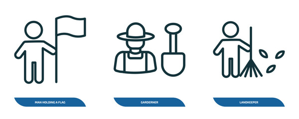 set of 3 linear icons from people concept. outline icons such as man holding a flag, garderner, landkeeper vector