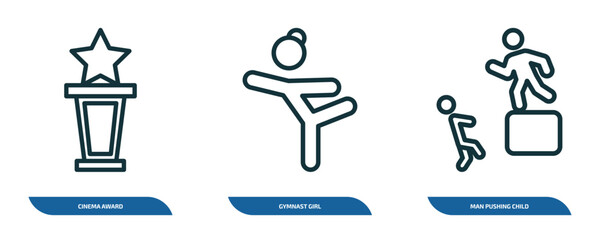 set of 3 linear icons from people concept. outline icons such as cinema award, gymnast girl, man pushing child vector