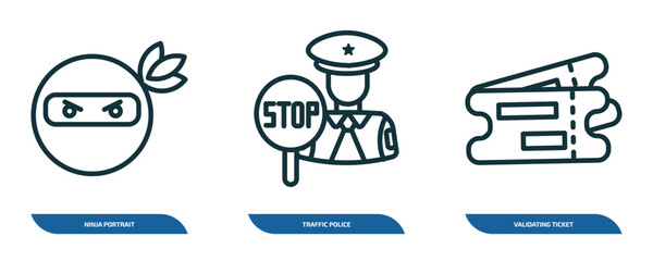 Fototapeta premium set of 3 linear icons from people concept. outline icons such as ninja portrait, traffic police, validating ticket vector