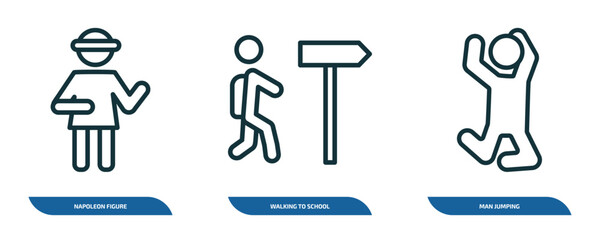 set of 3 linear icons from people concept. outline icons such as napoleon figure, walking to school, man jumping vector