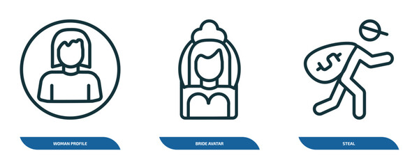 set of 3 linear icons from people concept. outline icons such as woman profile, bride avatar, steal vector