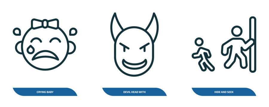 set of 3 linear icons from people concept. outline icons such as crying baby, devil head with horns, hide and seek vector