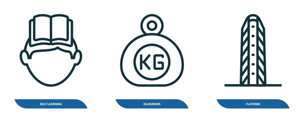 set of 3 linear icons from other concept. outline icons such as self learning, kilograms, flatiron vector