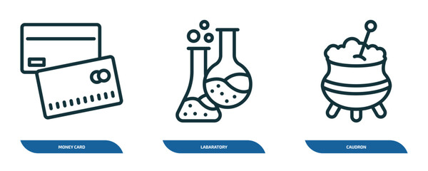 Fototapeta premium set of 3 linear icons from other concept. outline icons such as money card, labaratory, caudron vector