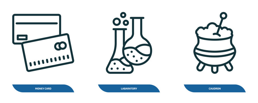 set of 3 linear icons from other concept. outline icons such as money card, labaratory, caudron vector