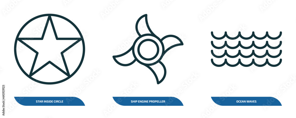 Poster set of 3 linear icons from nautical concept. outline icons such as star inside circle, ship engine p