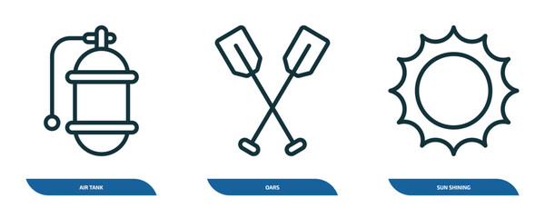 set of 3 linear icons from nautical concept. outline icons such as air tank, oars, sun shining vector