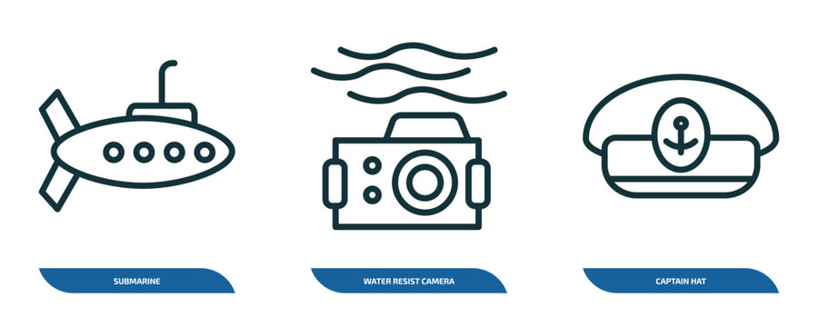 set of 3 linear icons from nautical concept. outline icons such as submarine, water resist camera, captain hat vector