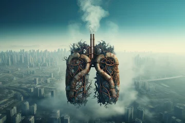 Poster Human Lungs with Industrial pipes on city background, Air Pollution, Ecological Problems © zamuruev