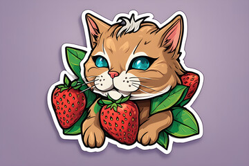 Hand drawn cute cat and Strawberry berries on white background childish vector illustration kitten holding berries print for children