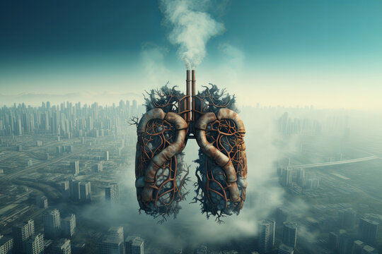 Human Lungs with Industrial pipes on city background, Air Pollution, Ecological Problems