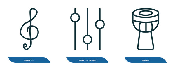 set of 3 linear icons from music and media concept. outline icons such as treble clef, music player tings, timpani vector