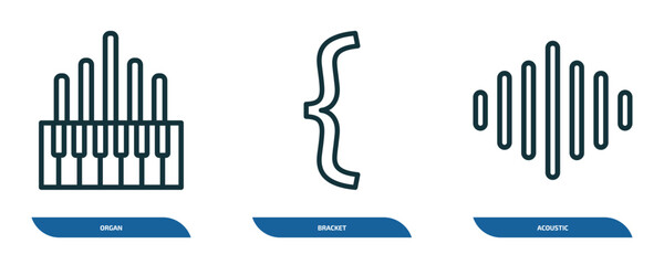 set of 3 linear icons from music and media concept. outline icons such as organ, bracket, acoustic vector