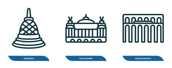 set of 3 linear icons from monuments concept. outline icons such as borobudur, palais garnier, segovia aqueduct vector