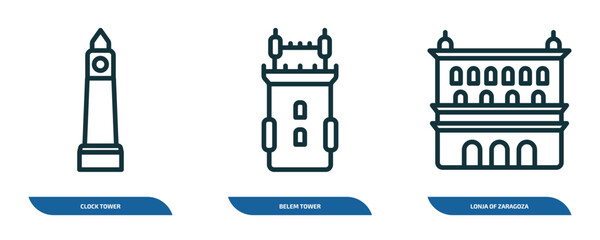 Fototapeta premium set of 3 linear icons from monuments concept. outline icons such as clock tower, belem tower, lonja of zaragoza vector