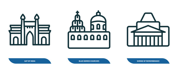 set of 3 linear icons from monuments concept. outline icons such as gat of india, blue domed churches, shrine of remembrance vector