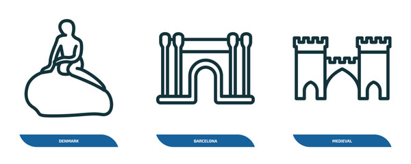 set of 3 linear icons from monuments collection. concept. outline icons such as denmark, barcelona, medieval vector