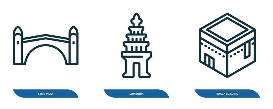set of 3 linear icons from monuments concept. outline icons such as stari most, cambodia, kaaba building vector
