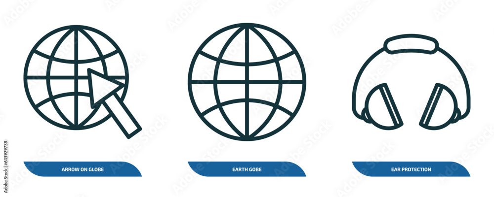 Wall mural set of 3 linear icons from maps and flags concept. outline icons such as arrow on globe, earth gobe,